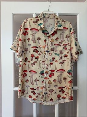 CharmKpr Tan Mushroom Print Short Sleeve Button Down Shirt